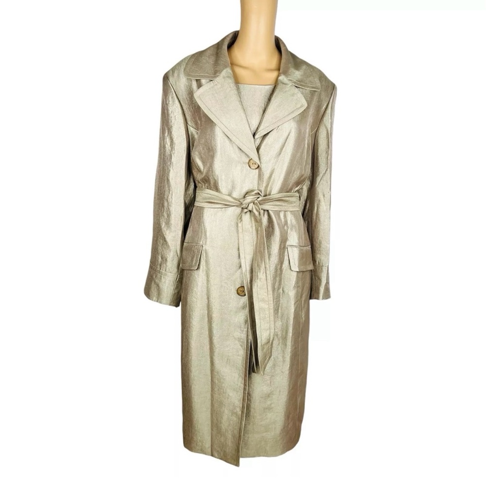 Kasper Polyester Metallic Dress Suit Champagne Gold Belted Cocktail 2PC